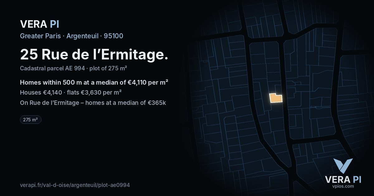 25 Rue de l’Ermitage, Argenteuil at night – the plot lit, the parcels around coloured by the prices near them