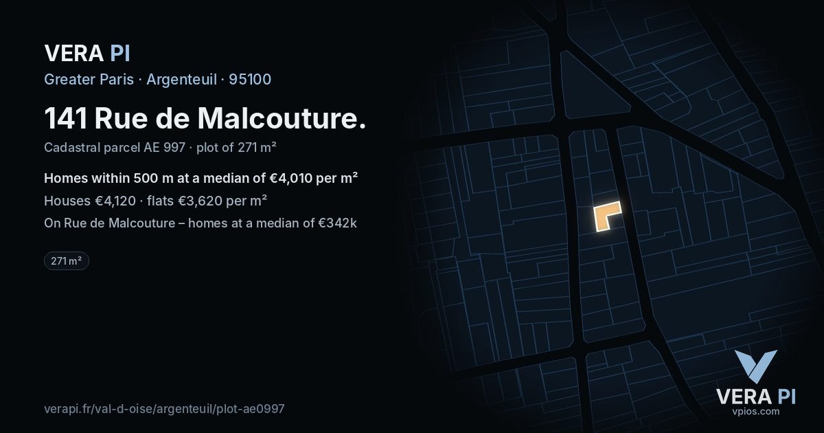 141 Rue de Malcouture, Argenteuil at night – the plot lit, the parcels around coloured by the prices near them