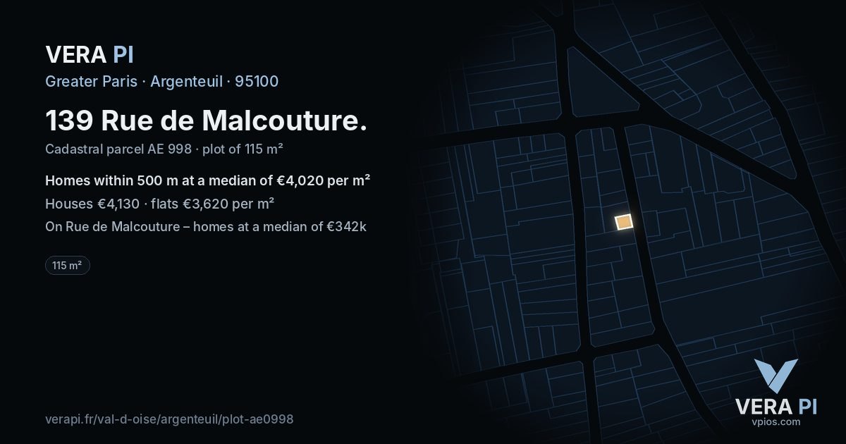 139 Rue de Malcouture, Argenteuil at night – the plot lit, the parcels around coloured by the prices near them