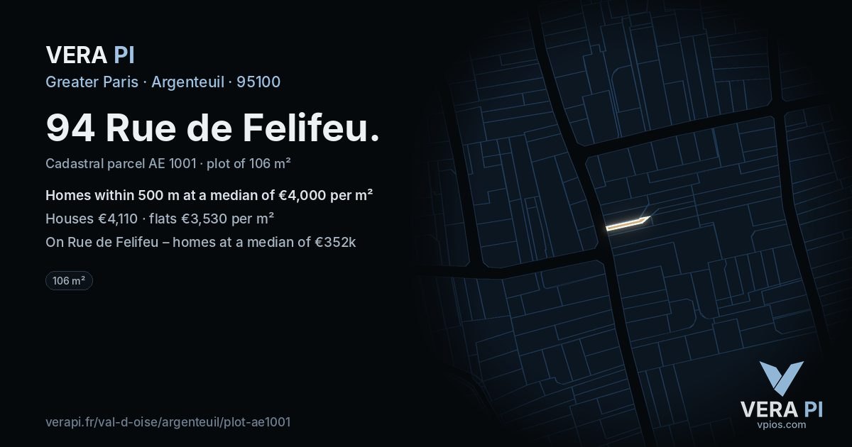94 Rue de Felifeu, Argenteuil at night – the plot lit, the parcels around coloured by the prices near them