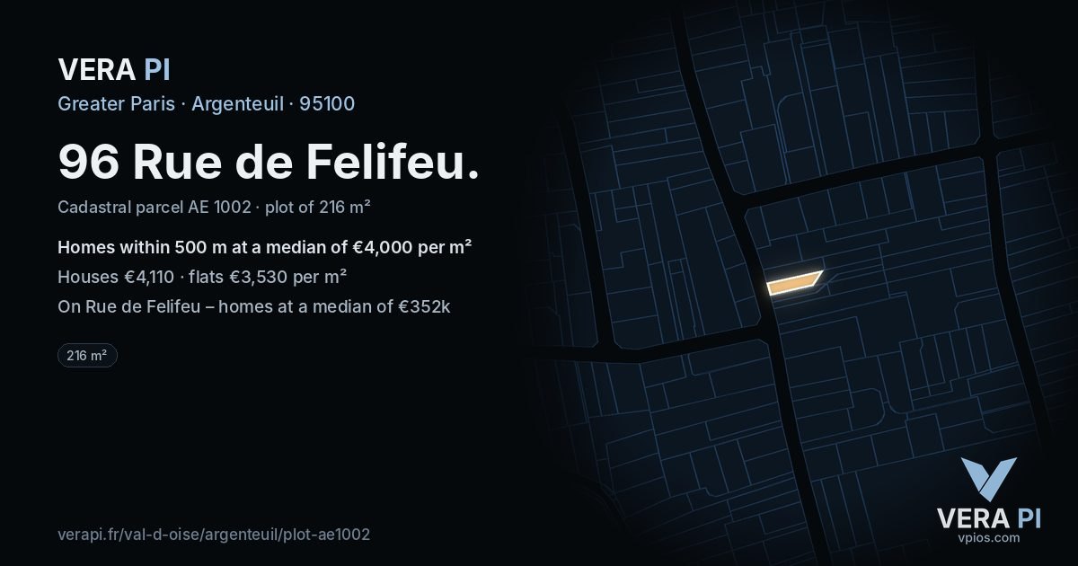 96 Rue de Felifeu, Argenteuil at night – the plot lit, the parcels around coloured by the prices near them