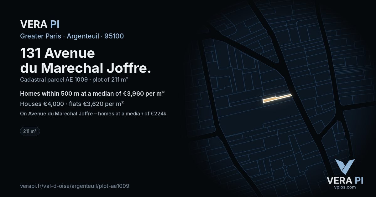 131 Avenue du Marechal Joffre, Argenteuil at night – the plot lit, the parcels around coloured by the prices near them