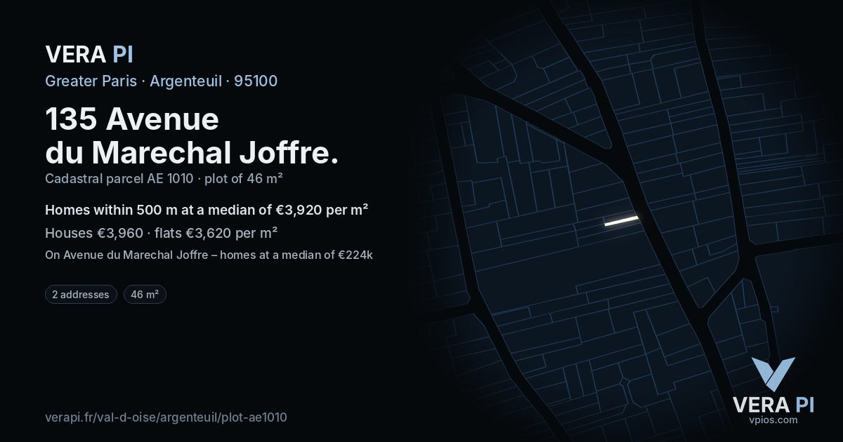 135 Avenue du Marechal Joffre, Argenteuil at night – the plot lit, the parcels around coloured by the prices near them