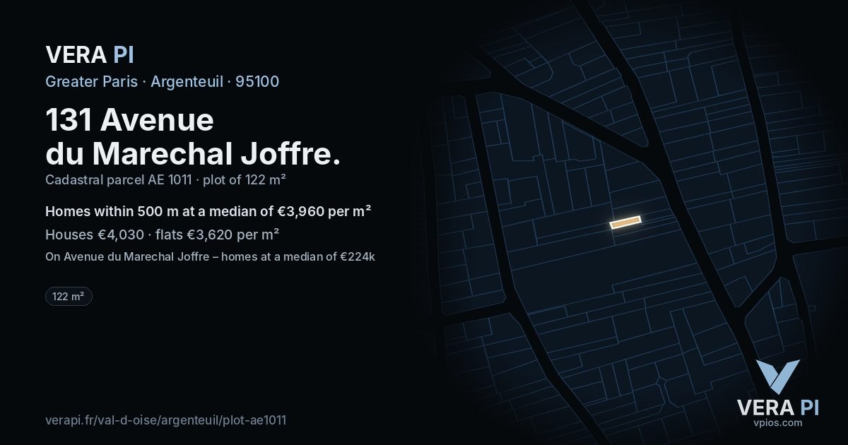 131 Avenue du Marechal Joffre, Argenteuil at night – the plot lit, the parcels around coloured by the prices near them
