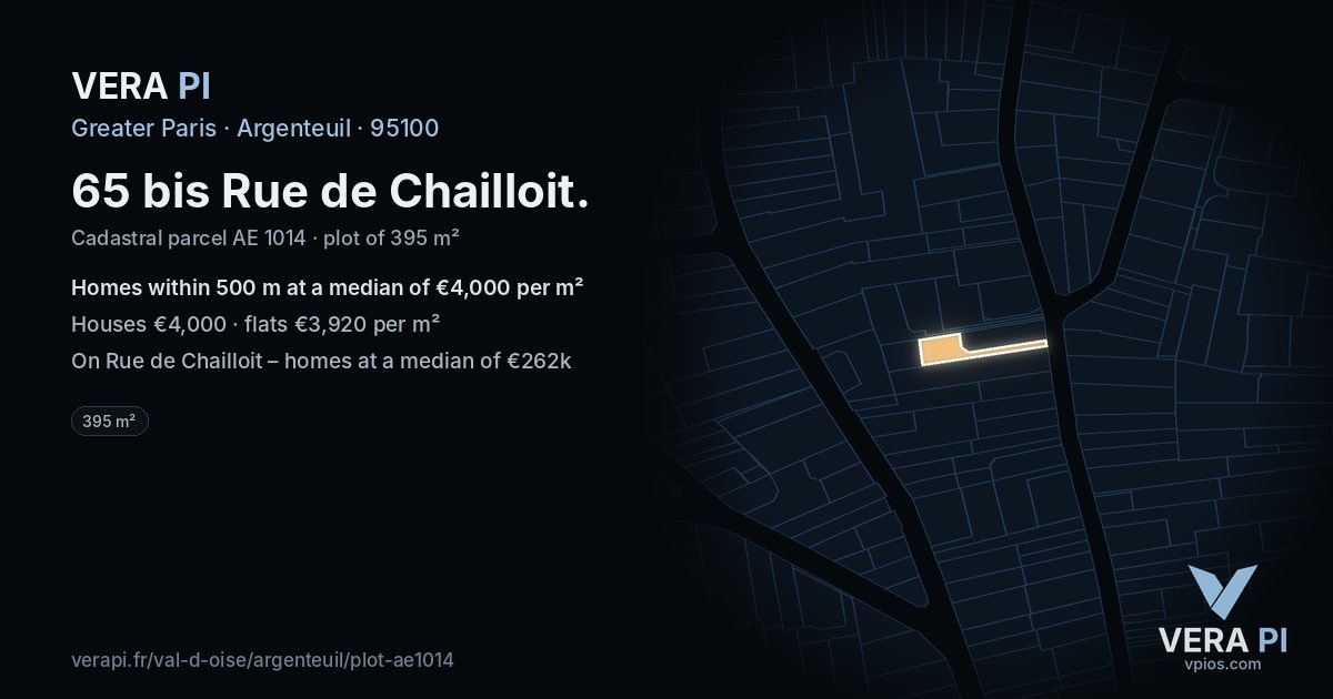 65 bis Rue de Chailloit, Argenteuil at night – the plot lit, the parcels around coloured by the prices near them