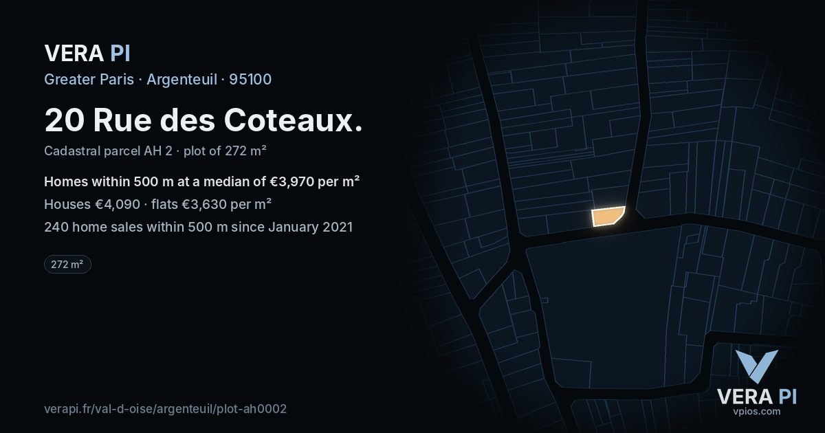 20 Rue des Coteaux, Argenteuil at night – the plot lit, the parcels around coloured by the prices near them