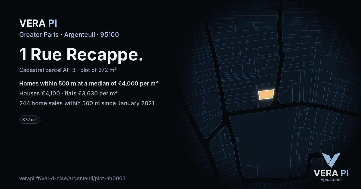 1 Rue Recappe, Argenteuil at night – the plot lit, the parcels around coloured by the prices near them