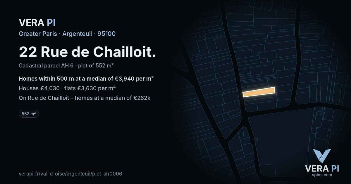 22 Rue de Chailloit, Argenteuil at night – the plot lit, the parcels around coloured by the prices near them