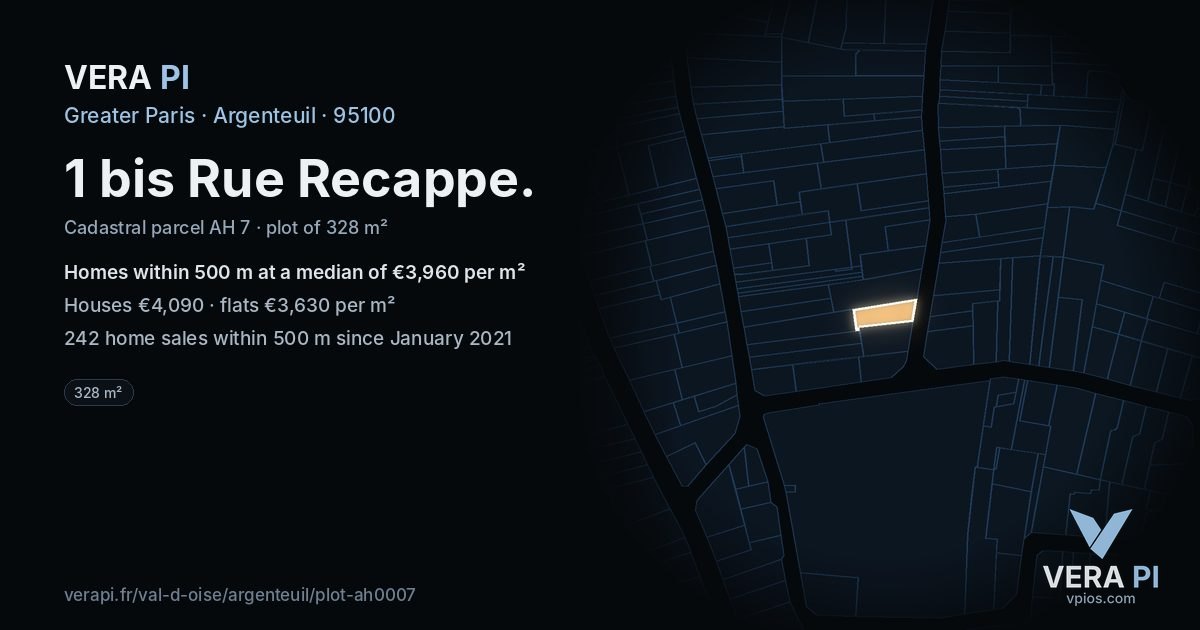 1 bis Rue Recappe, Argenteuil at night – the plot lit, the parcels around coloured by the prices near them