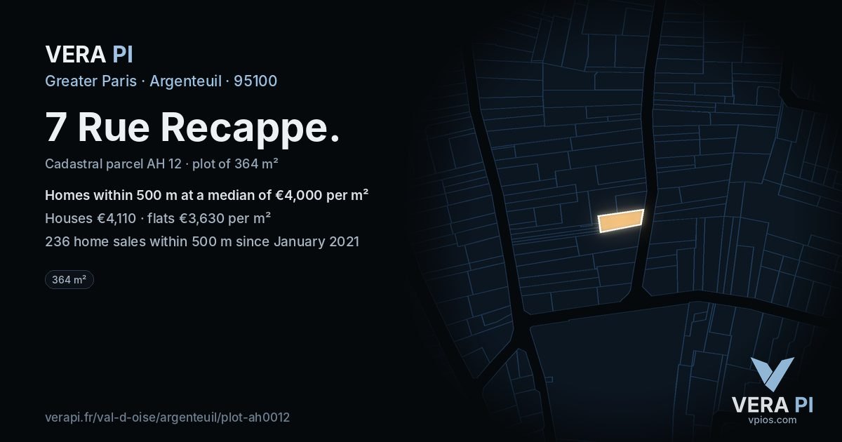 7 Rue Recappe, Argenteuil at night – the plot lit, the parcels around coloured by the prices near them