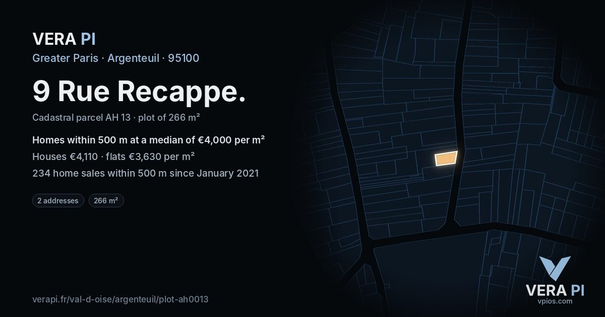 9 Rue Recappe, Argenteuil at night – the plot lit, the parcels around coloured by the prices near them
