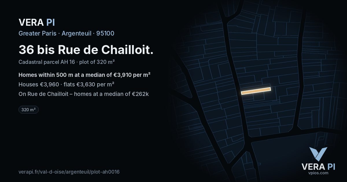 36 bis Rue de Chailloit, Argenteuil at night – the plot lit, the parcels around coloured by the prices near them