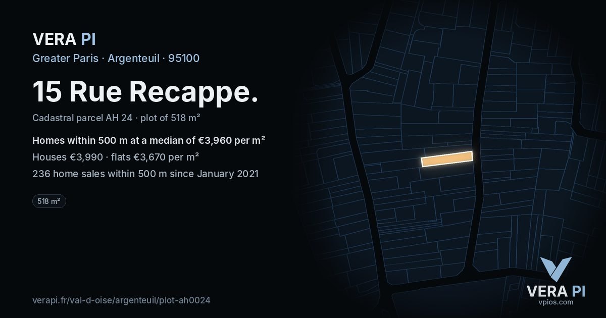 15 Rue Recappe, Argenteuil at night – the plot lit, the parcels around coloured by the prices near them