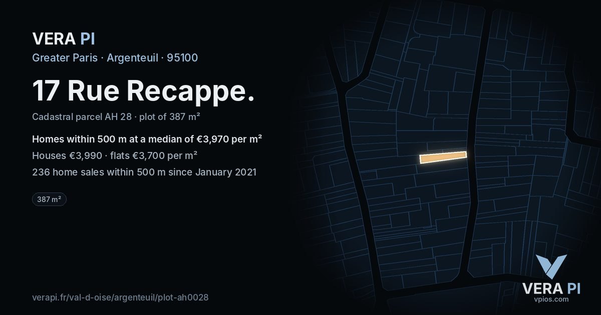 17 Rue Recappe, Argenteuil at night – the plot lit, the parcels around coloured by the prices near them