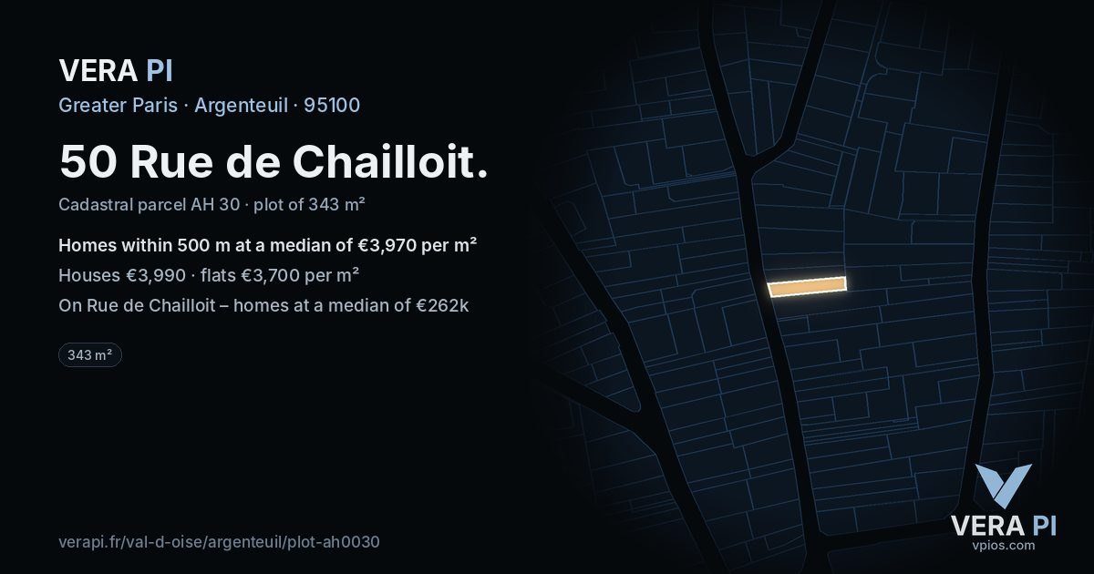 50 Rue de Chailloit, Argenteuil at night – the plot lit, the parcels around coloured by the prices near them