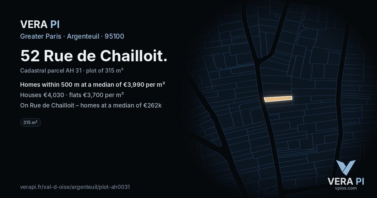 52 Rue de Chailloit, Argenteuil at night – the plot lit, the parcels around coloured by the prices near them