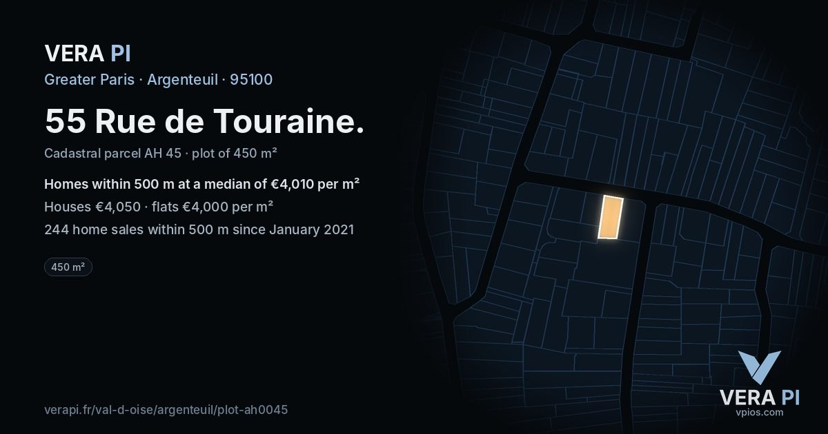 55 Rue de Touraine, Argenteuil at night – the plot lit, the parcels around coloured by the prices near them