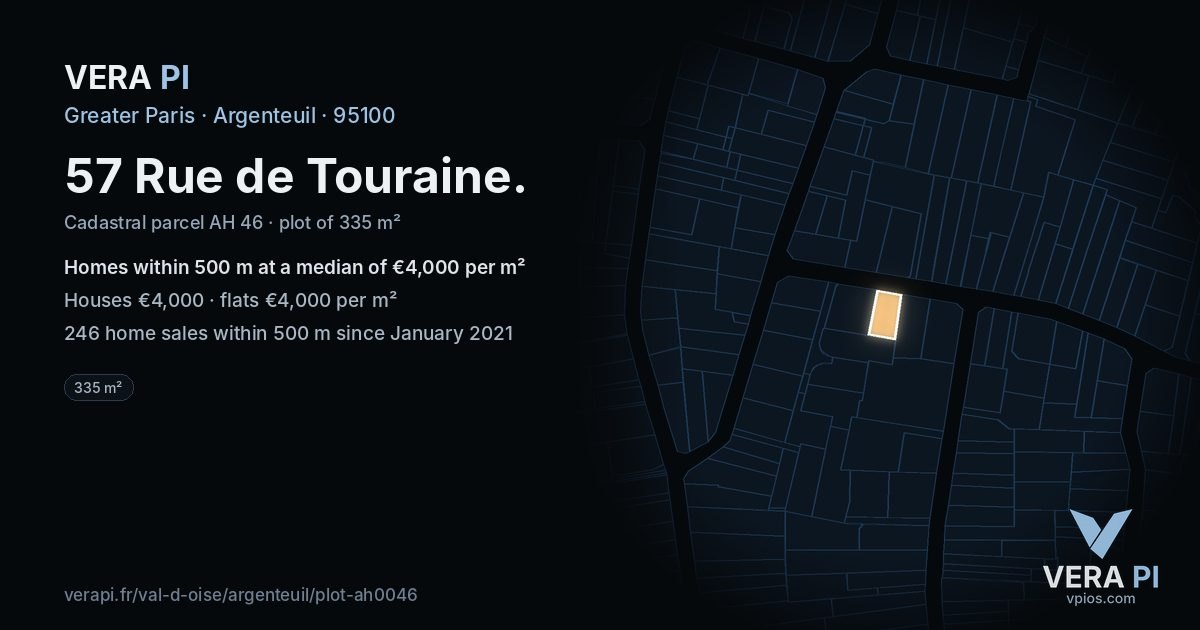 57 Rue de Touraine, Argenteuil at night – the plot lit, the parcels around coloured by the prices near them