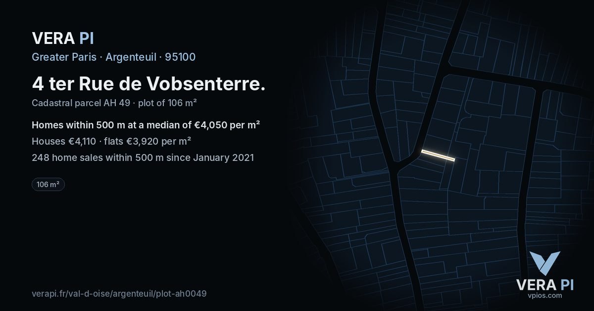 4 ter Rue de Vobsenterre, Argenteuil at night – the plot lit, the parcels around coloured by the prices near them