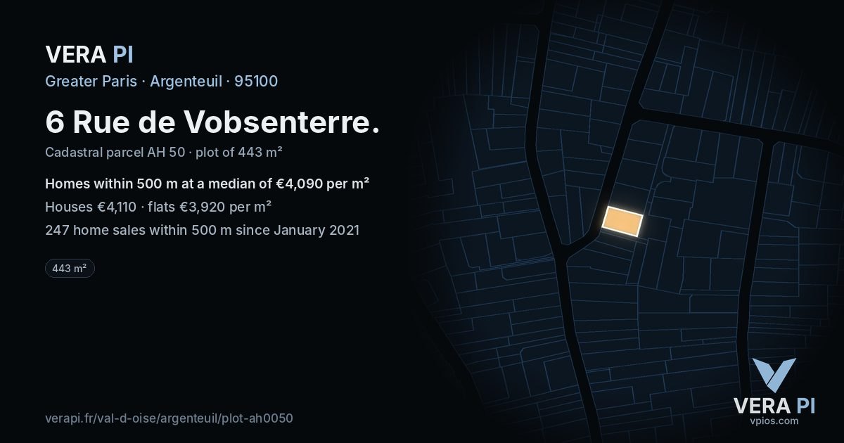 6 Rue de Vobsenterre, Argenteuil at night – the plot lit, the parcels around coloured by the prices near them