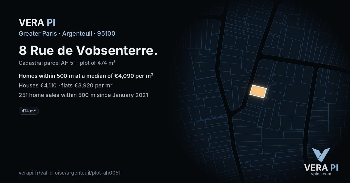 8 Rue de Vobsenterre, Argenteuil at night – the plot lit, the parcels around coloured by the prices near them