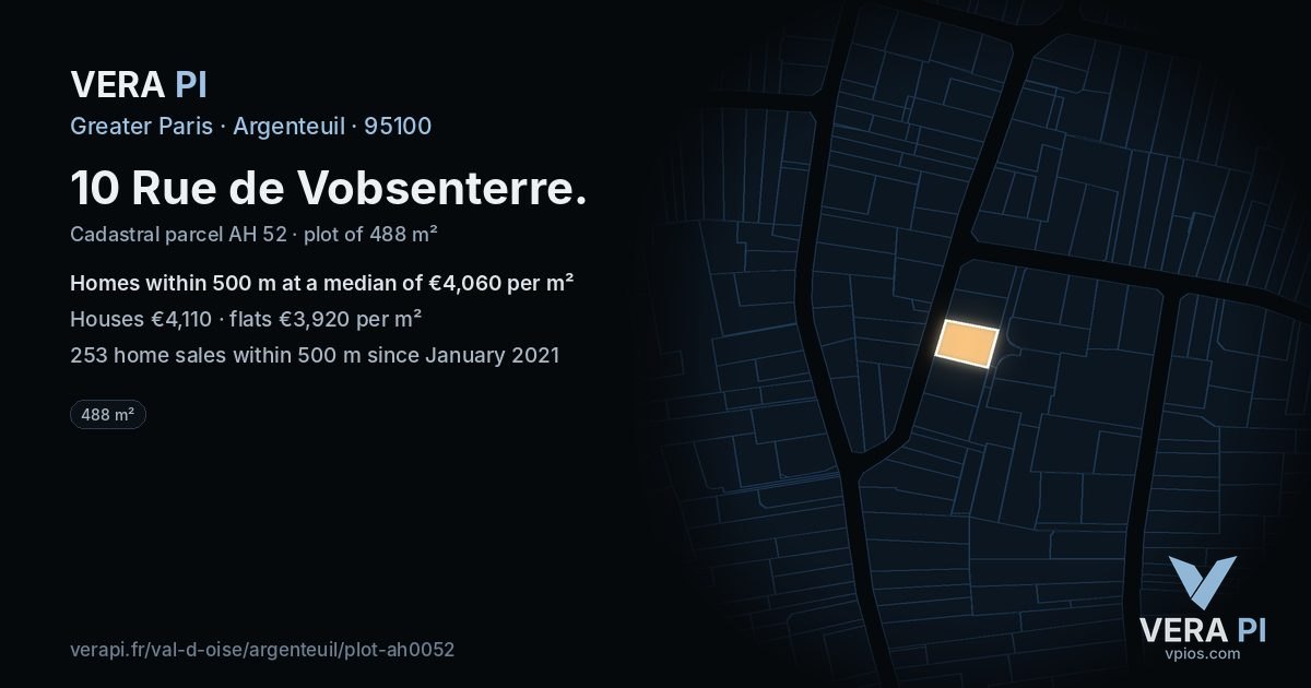 10 Rue de Vobsenterre, Argenteuil at night – the plot lit, the parcels around coloured by the prices near them