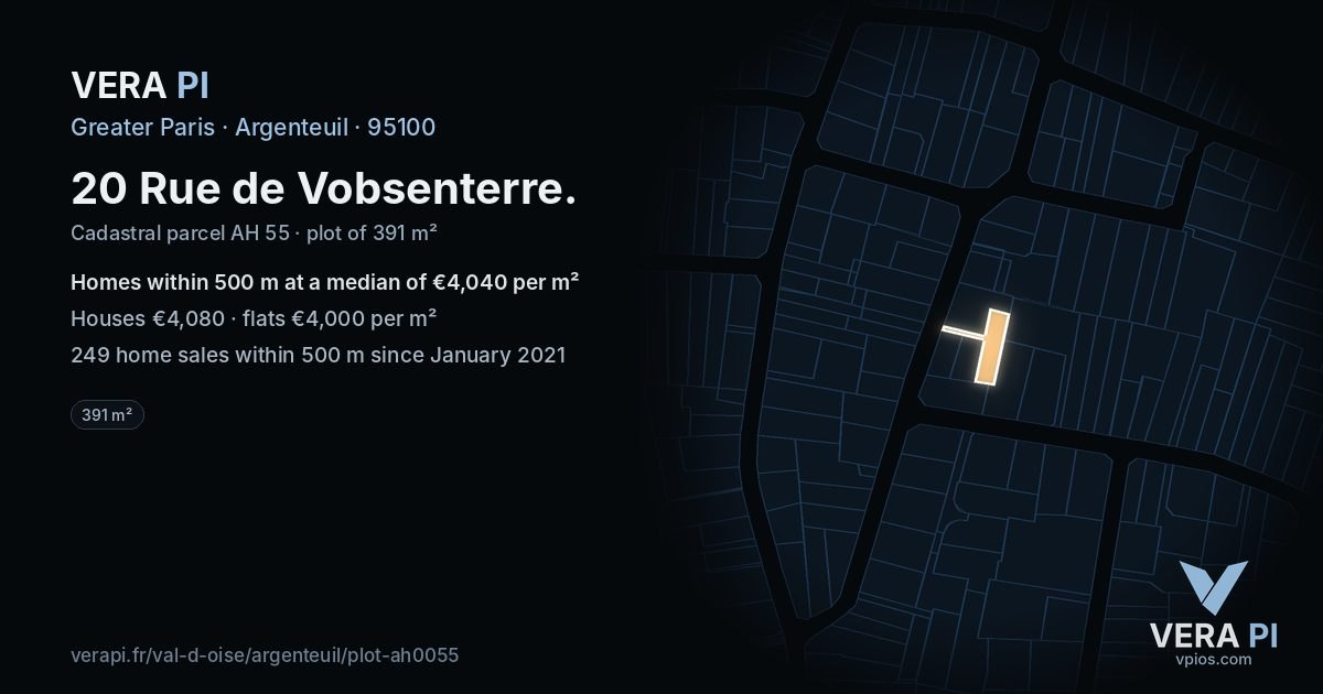 20 Rue de Vobsenterre, Argenteuil at night – the plot lit, the parcels around coloured by the prices near them