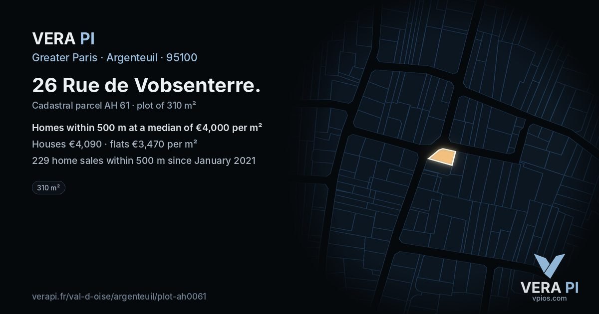 26 Rue de Vobsenterre, Argenteuil at night – the plot lit, the parcels around coloured by the prices near them