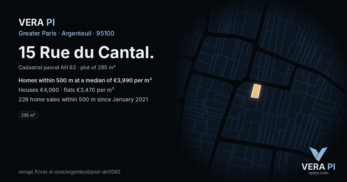15 Rue du Cantal, Argenteuil at night – the plot lit, the parcels around coloured by the prices near them