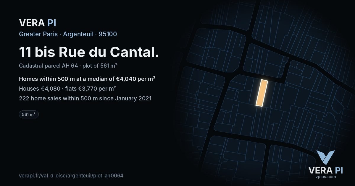 11 bis Rue du Cantal, Argenteuil at night – the plot lit, the parcels around coloured by the prices near them