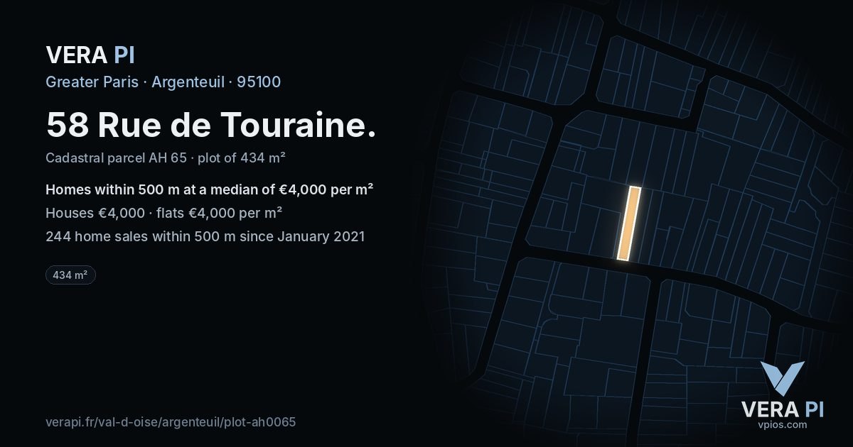 58 Rue de Touraine, Argenteuil at night – the plot lit, the parcels around coloured by the prices near them