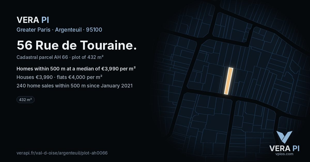 56 Rue de Touraine, Argenteuil at night – the plot lit, the parcels around coloured by the prices near them