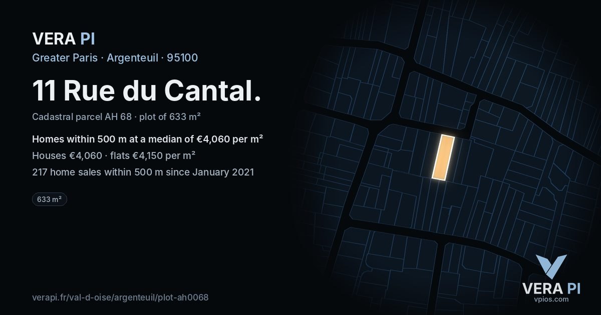 11 Rue du Cantal, Argenteuil at night – the plot lit, the parcels around coloured by the prices near them