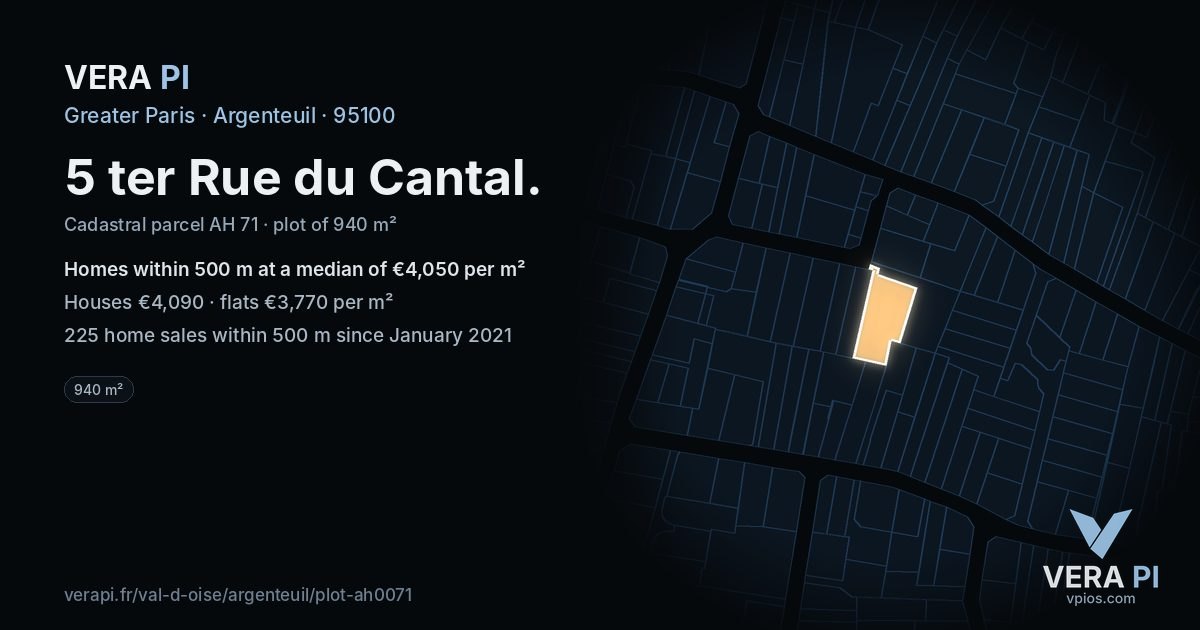 5 ter Rue du Cantal, Argenteuil at night – the plot lit, the parcels around coloured by the prices near them