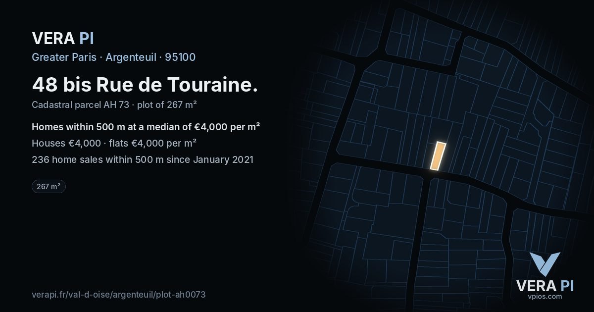 48 bis Rue de Touraine, Argenteuil at night – the plot lit, the parcels around coloured by the prices near them