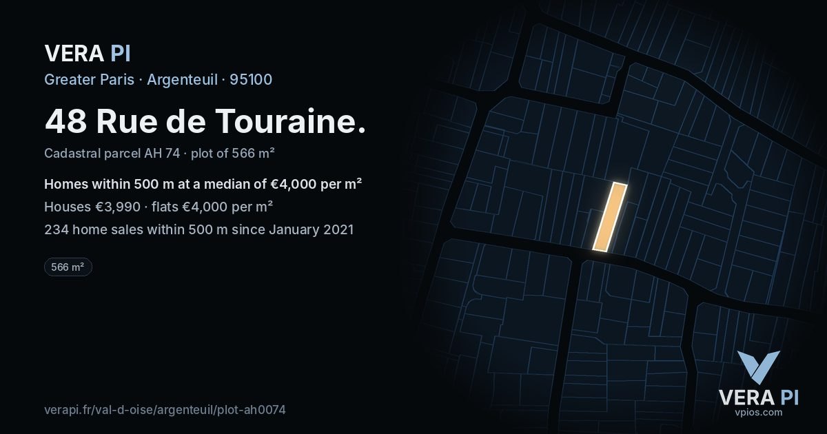 48 Rue de Touraine, Argenteuil at night – the plot lit, the parcels around coloured by the prices near them