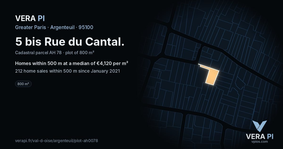 5 bis Rue du Cantal, Argenteuil at night – the plot lit, the parcels around coloured by the prices near them