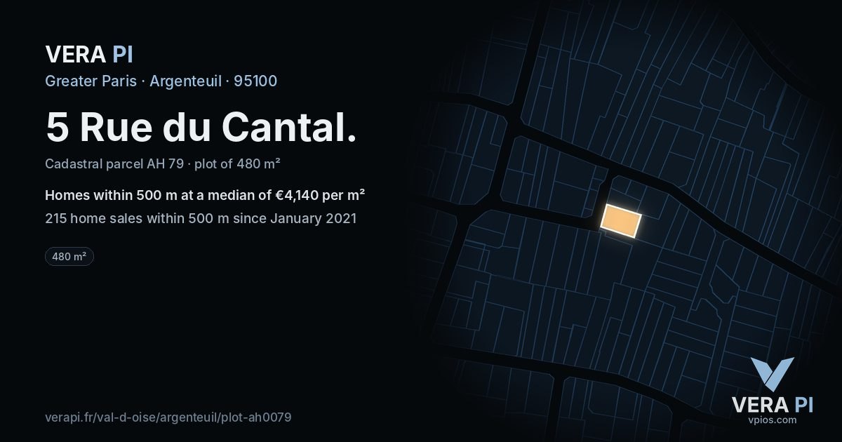 5 Rue du Cantal, Argenteuil at night – the plot lit, the parcels around coloured by the prices near them