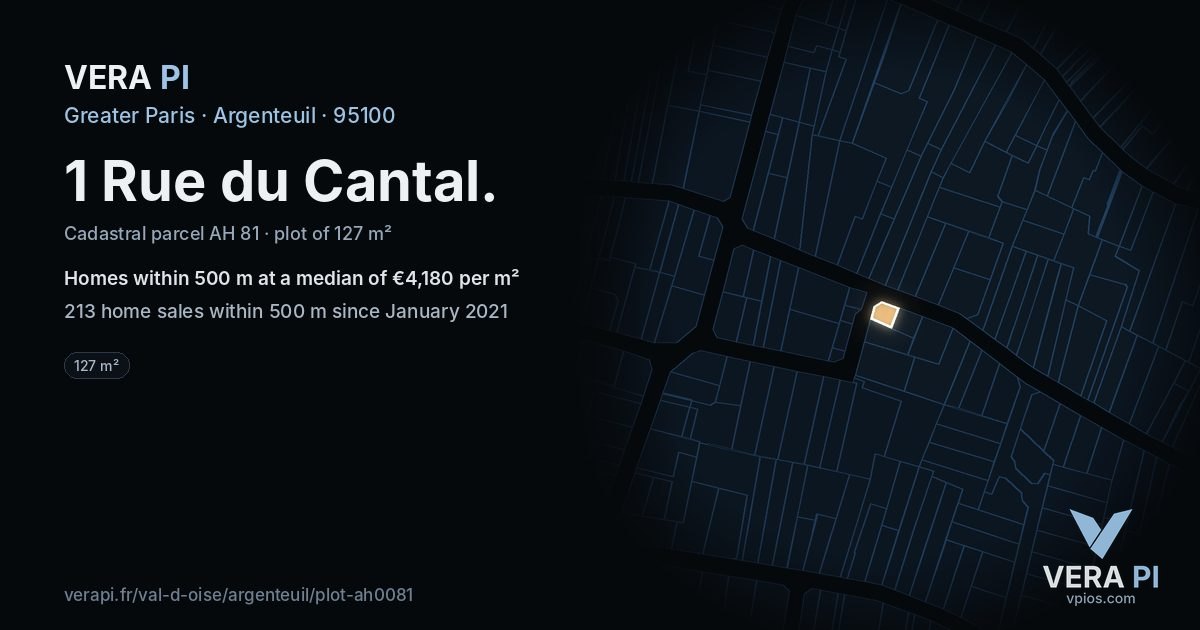 1 Rue du Cantal, Argenteuil at night – the plot lit, the parcels around coloured by the prices near them