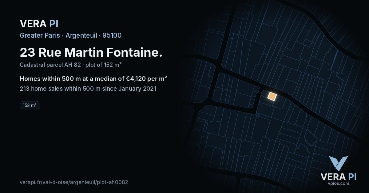 23 Rue Martin Fontaine, Argenteuil at night – the plot lit, the parcels around coloured by the prices near them