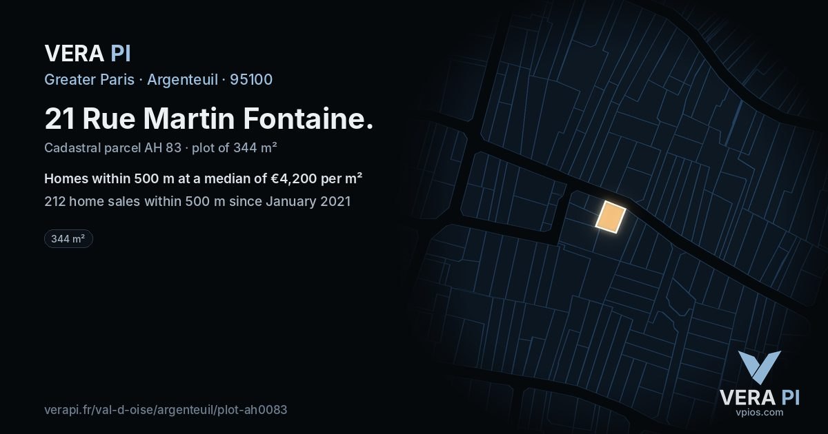 21 Rue Martin Fontaine, Argenteuil at night – the plot lit, the parcels around coloured by the prices near them