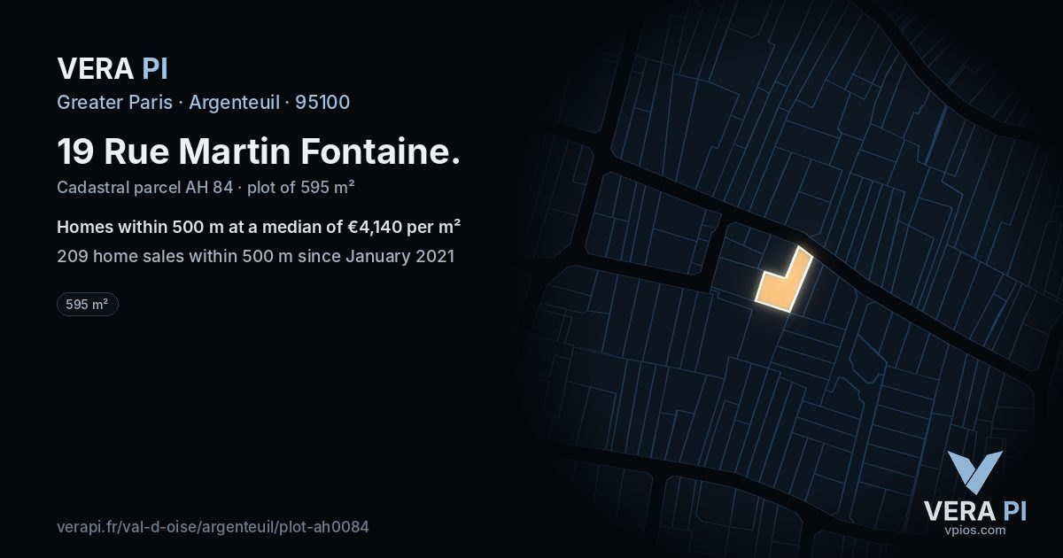 19 Rue Martin Fontaine, Argenteuil at night – the plot lit, the parcels around coloured by the prices near them