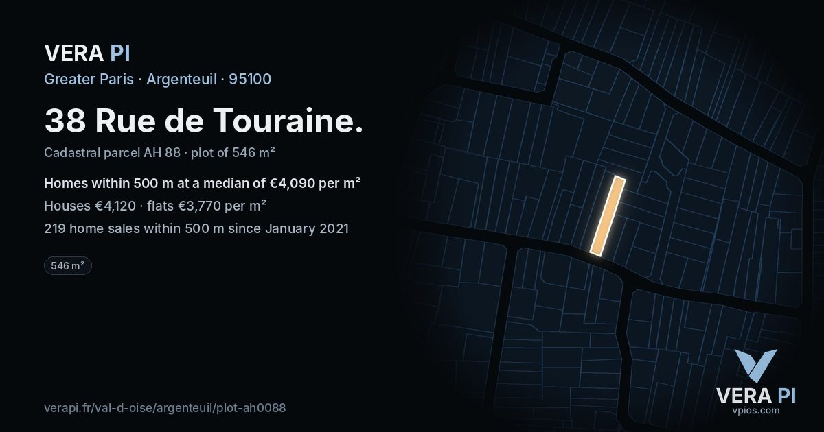 38 Rue de Touraine, Argenteuil at night – the plot lit, the parcels around coloured by the prices near them