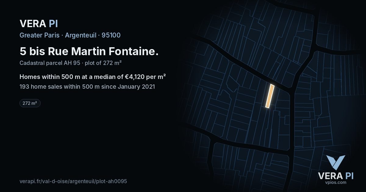 5 bis Rue Martin Fontaine, Argenteuil at night – the plot lit, the parcels around coloured by the prices near them