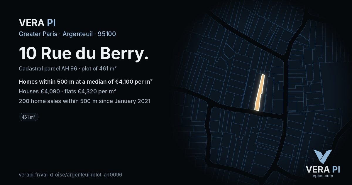10 Rue du Berry, Argenteuil at night – the plot lit, the parcels around coloured by the prices near them