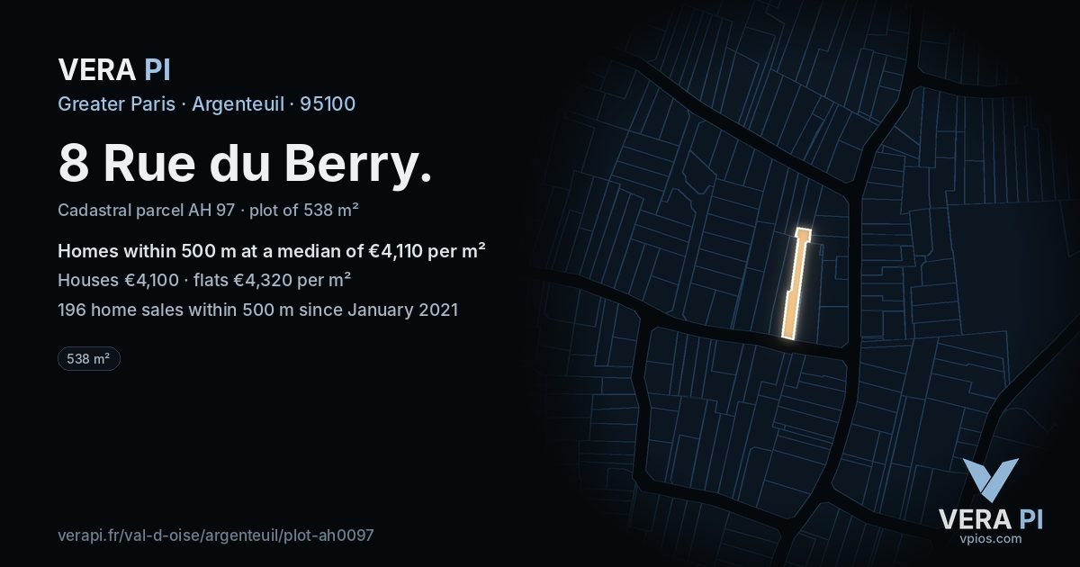 8 Rue du Berry, Argenteuil at night – the plot lit, the parcels around coloured by the prices near them