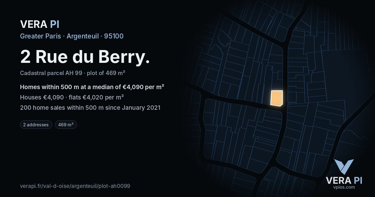 2 Rue du Berry, Argenteuil at night – the plot lit, the parcels around coloured by the prices near them