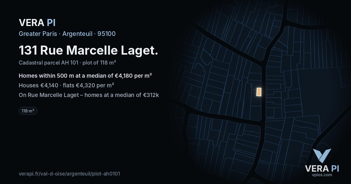 131 Rue Marcelle Laget, Argenteuil at night – the plot lit, the parcels around coloured by the prices near them
