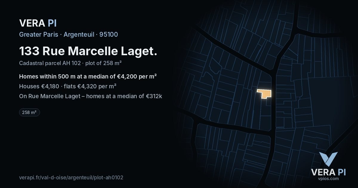 133 Rue Marcelle Laget, Argenteuil at night – the plot lit, the parcels around coloured by the prices near them