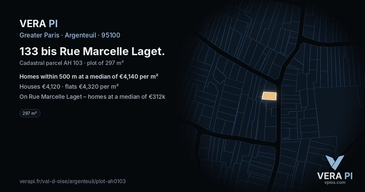133 bis Rue Marcelle Laget, Argenteuil at night – the plot lit, the parcels around coloured by the prices near them